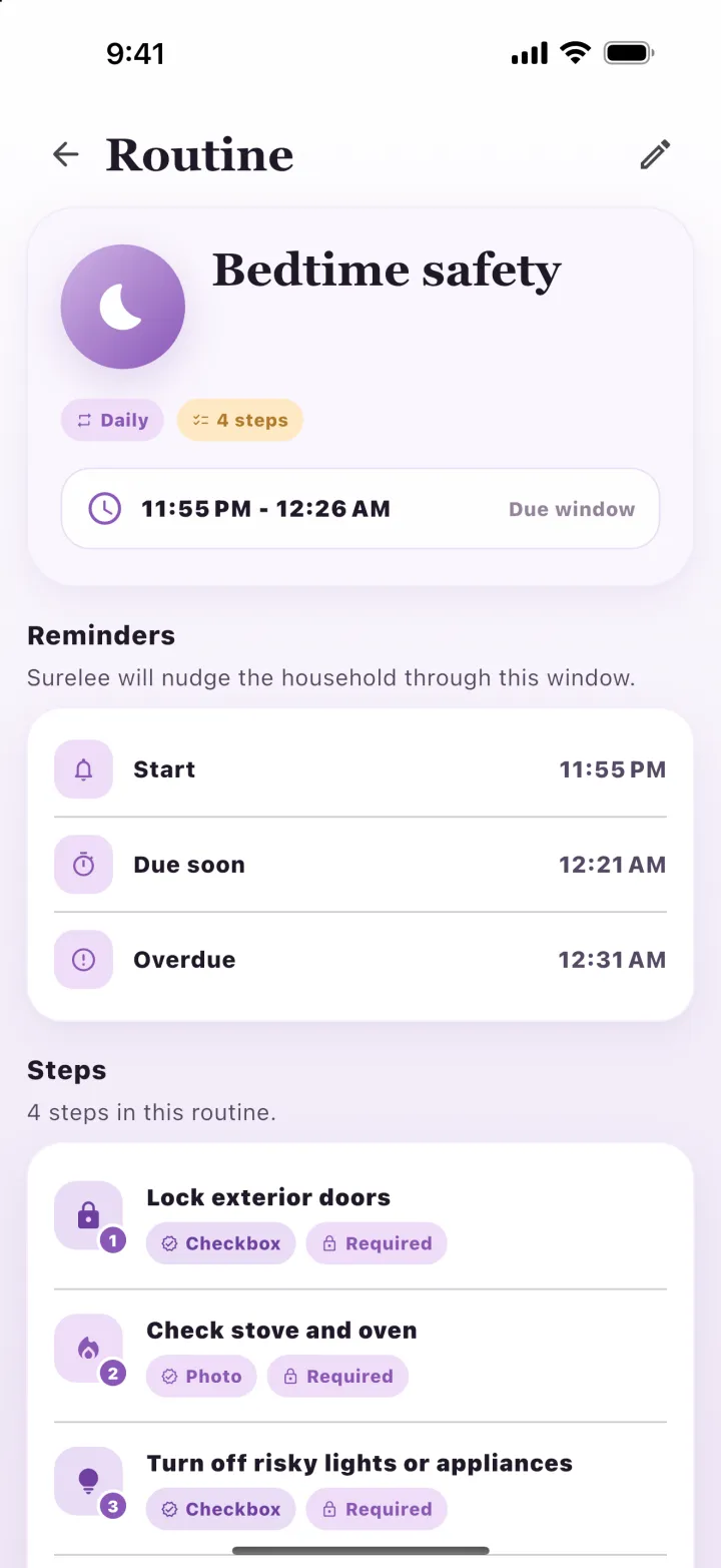 The Bedtime safety routine: reminders at 11:55 PM, 12:21 AM and 12:31 AM, and steps such as Lock exterior doors and Check stove and oven.